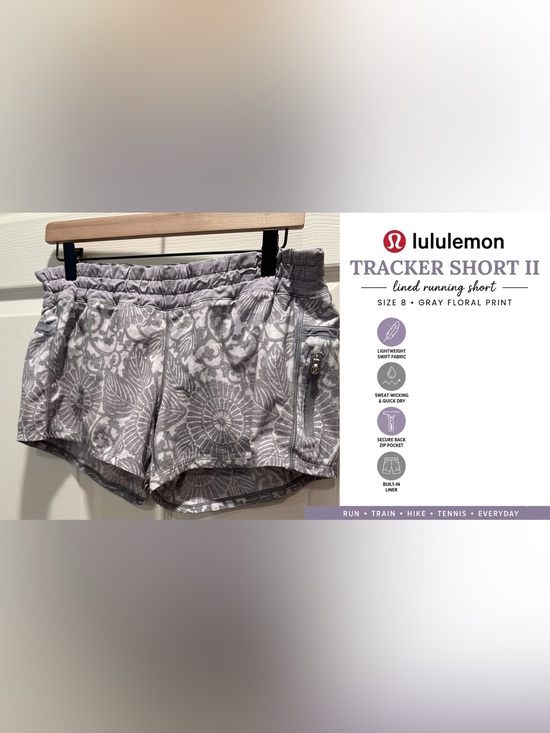 lululemon athletica Pants - Lululemon Tracker Short II Gray Floral Print Lined Running Shorts Size 8 Pocket